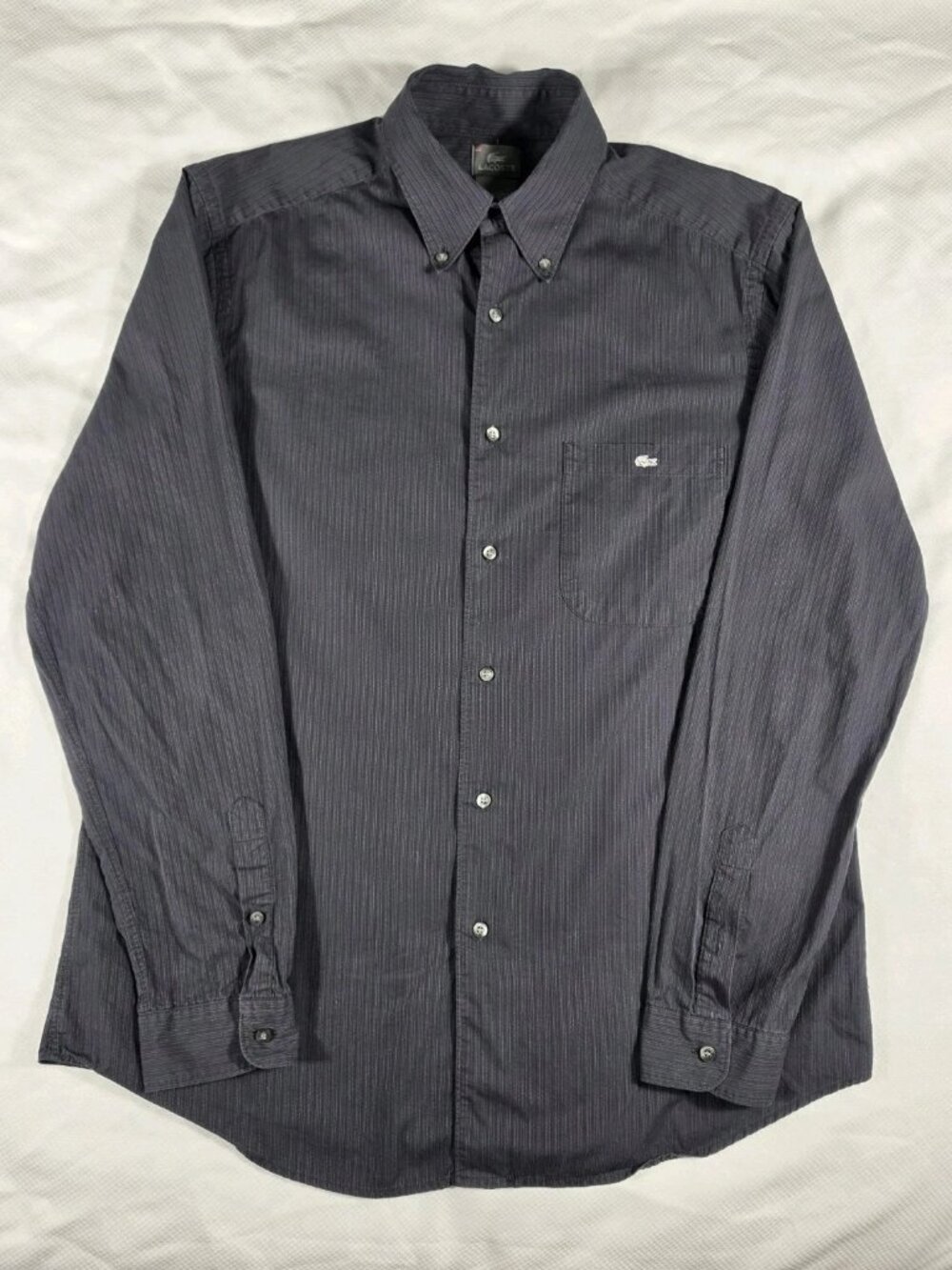 Lacoste Regular Fit Button Down Shirt Black Grey Micro Stripe Mens 42 Large EUC